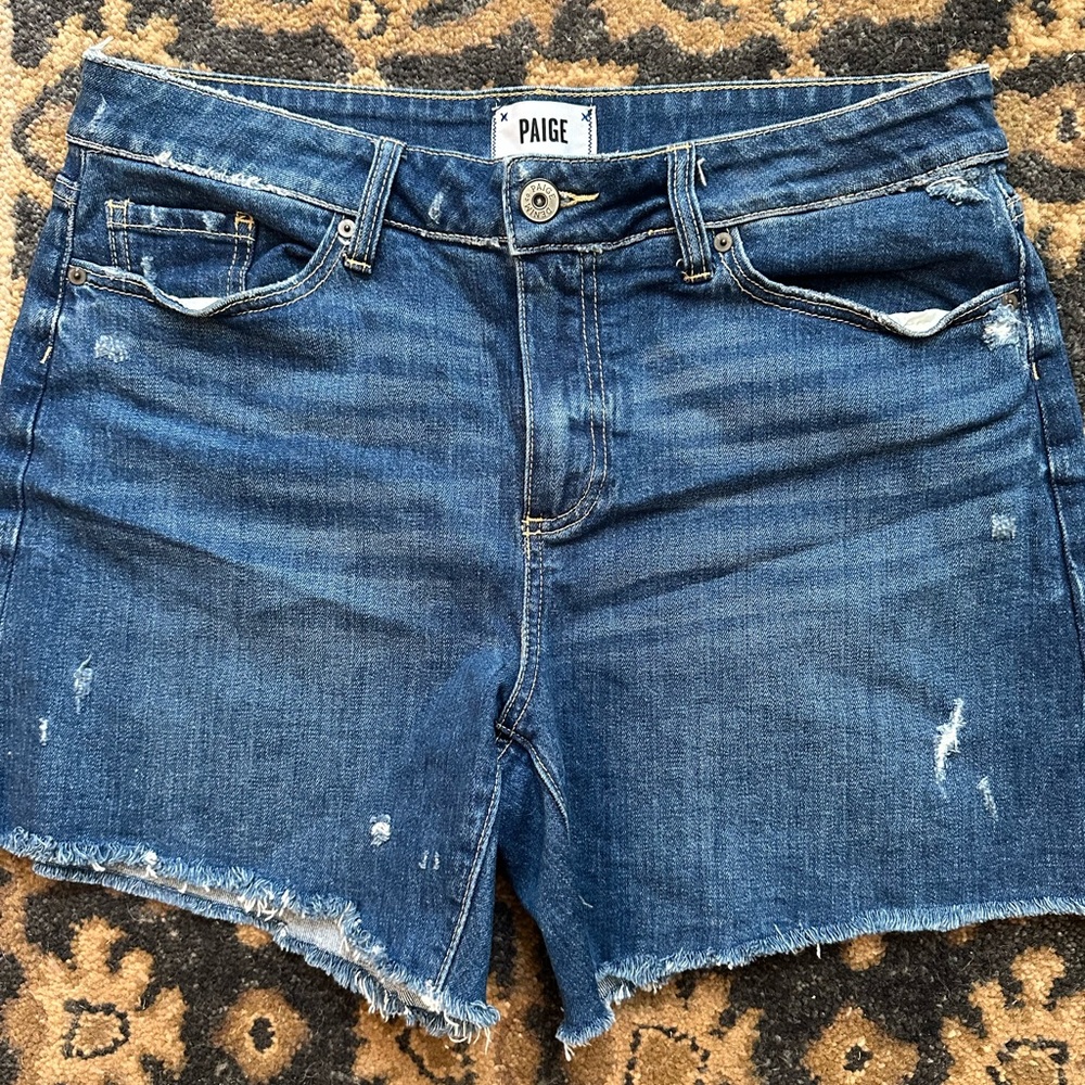 PAIGE Women's Frayed Hem Jean Shorts - Dark Blue